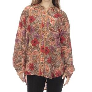 Johnny Was Jade Amy Piped Button-Down 100% Silk Blouse Paisley Floral Print XS